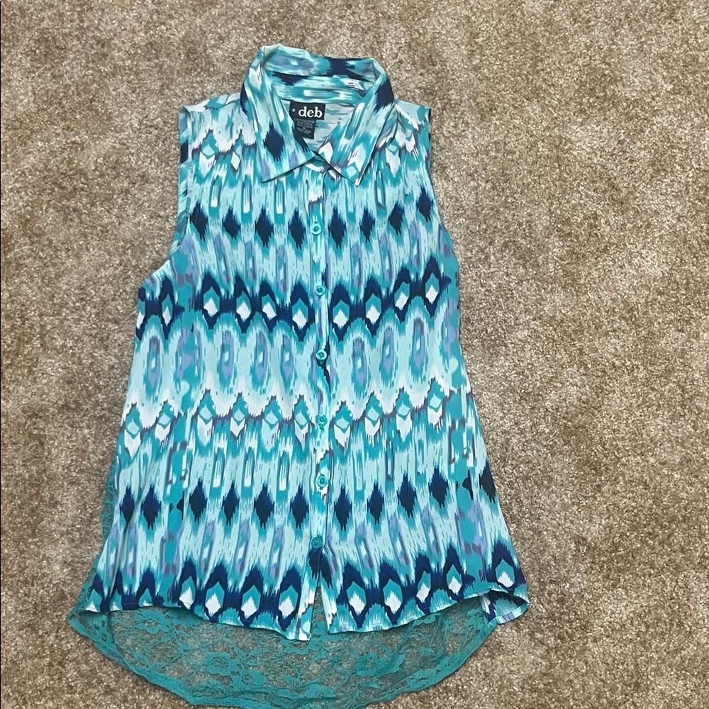 Deb Blue and White Patterned Sleeveless Blouse
